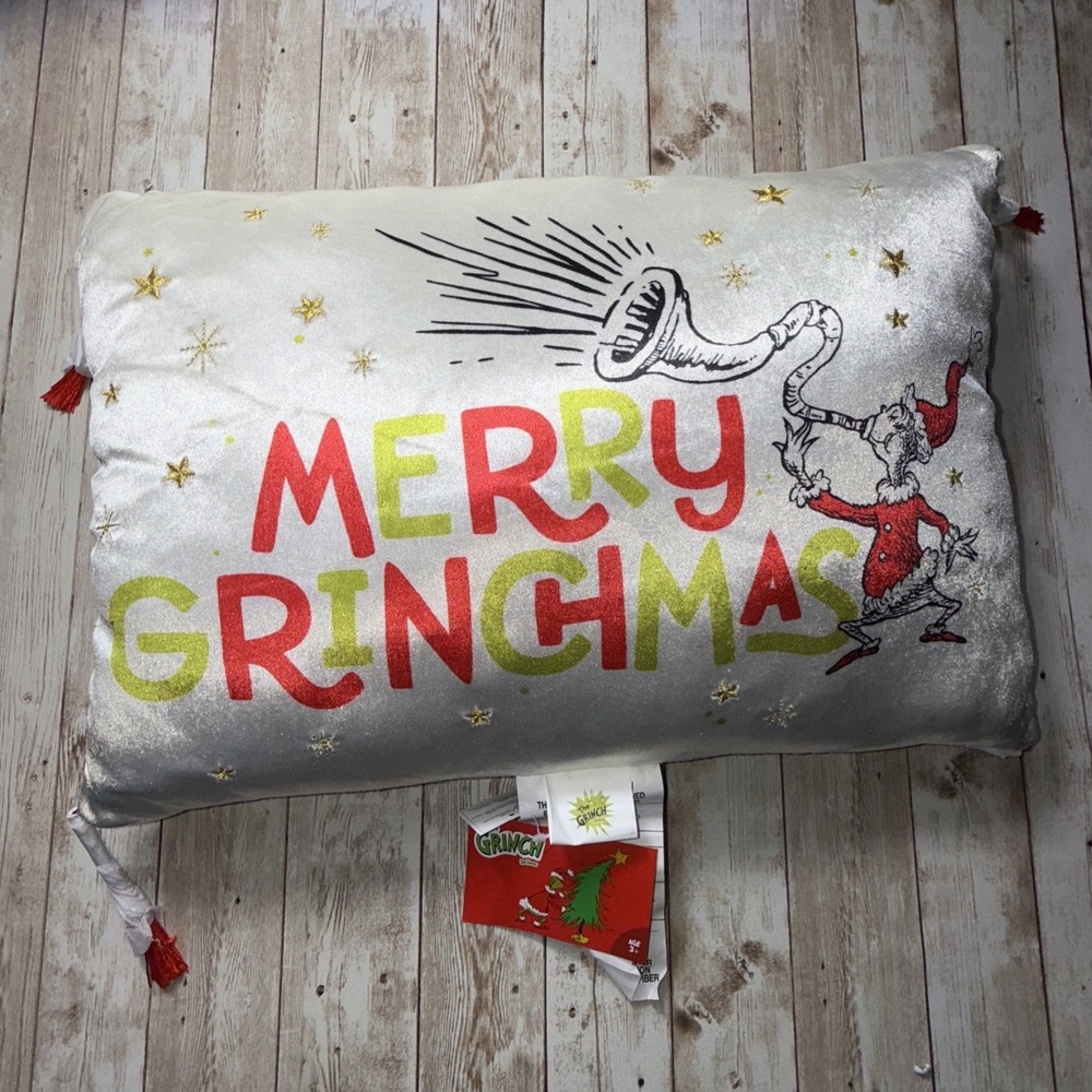 New‎ Merry Grinchmas Dr Seuss Grinch Throw Pillow Red Tassels 17" x11" Velvet